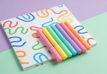 Creative stationery set with pastel highlighters on a notebook with playful line art design