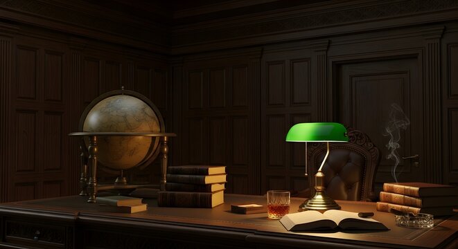 Classic study room with globe lamp books and cigar on wooden desk for vintage home office decor design