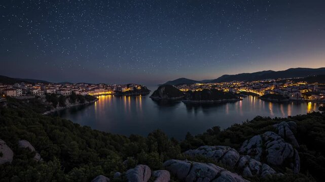 Breathtaking View of Volos at Sunset with Starlit Sky and Mountain Silhouette, Capturing the Tranquil Beauty of the Landscape