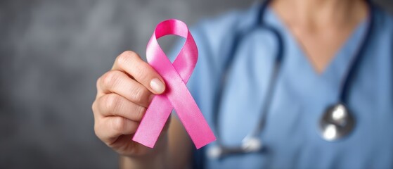The healthcare professional holding a pink awareness ribbon for breast cancer.