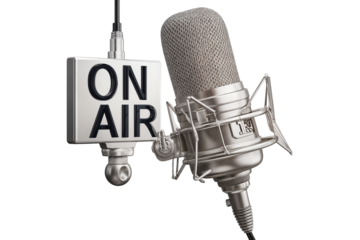 Studio microphone and live broadcast sign for professional radio and podcast recording setup on transparent background