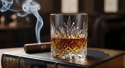 Whiskey glass cigar smoke on book luxury drink alcohol scotch bourbon old fashioned drink relaxation 100