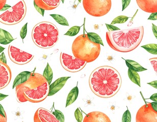 Watercolor grapefruit and flower seamless pattern