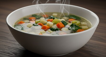 Steaming Bowl of Vegetable Soup Filled with Carrots, Potatoes, Celery and Greens in a White Bowl on a Wood Tabletop