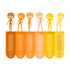 Doodle zombies with pumpkin head for Halloween with six features or option of project to select. Minimal infographic illustration for business and holiday activity information visualization.