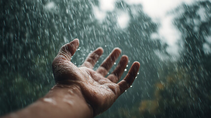 Fototapeta premium Hands reaching out to catch falling raindrops during a refreshing summer storm