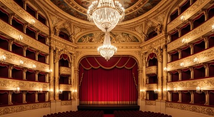 Obraz premium Theater opera house stage auditorium interior architecture chandelier red curtain performance arts venue