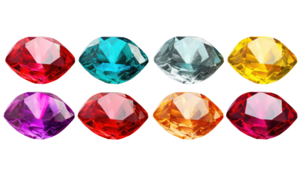 Set of 9 different color high-resolution 3D rendering heart-shaped gemstones on transparent background