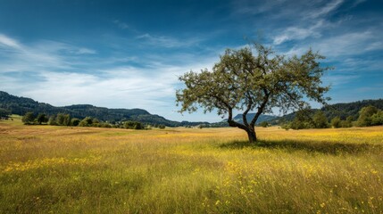 Fototapeta premium Solitary Tree in a Golden Meadow Under a Blue Sky with Wispy Clouds field grass