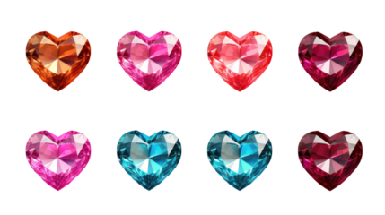 Set of 9 different color high-resolution 3D rendering heart-shaped gemstones on transparent background