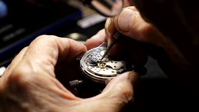 A skilled artisan meticulously repairs a vintage watch, showcasing craftsmanship and precision in each detail.