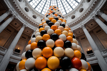 Majestic balloon installation ascends towards grand dome ceiling, creating a vibrant, celebratory focal point within an opulent architectural space.