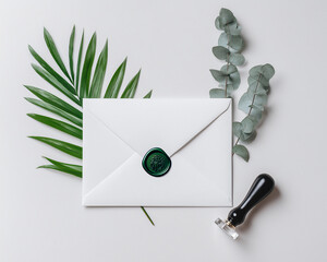 Minimal envelope with green wax seal, eucalyptus and palm leaves on clean pastel background in romantic natural top view