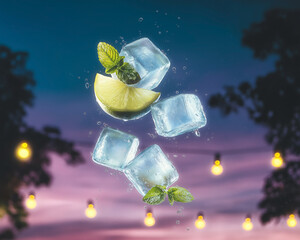 Lime wedges, mint leaves and sparkling ice cubes floating against a colorful sunset sky