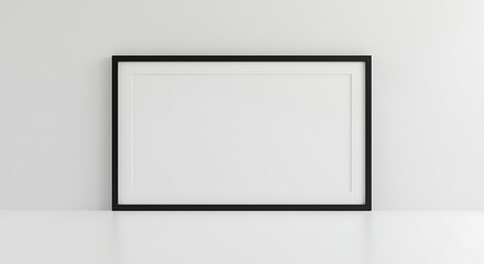 Horizontal black picture frame on a white surface and wall empty blank