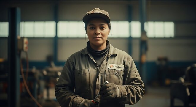 Portrait of a confident female mechanic in uniform holding a tool while standing in a professional auto repair garage