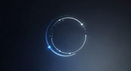 Minimalist geometric circle with abstract digital elements rotating on a dark blue background, representing data processing, technology, and futuristic concepts