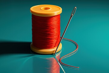 Spool of red thread with sewing needle. Use for fashion, crafts, textile design, and handmade projects 
