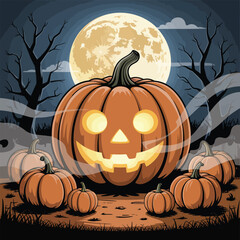 Glowing jack o lantern surrounded by pumpkins under a large full moon halloween