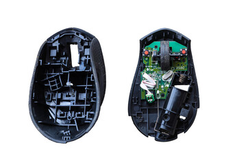 Computer mouse opened up for repair and servicing
