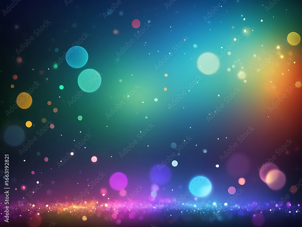Poster festive abstract background with colorful glowing particles and vibrant bokeh lights.