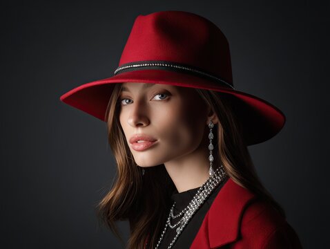 A beauty wearing an elegant red hat and a silver necklace, against a dark background, presents high-resolution details of her elegant appearance and accessories.