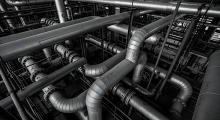 Intricate Industrial Piping System A Monochrome View of Complex Infrastructure and Engineering