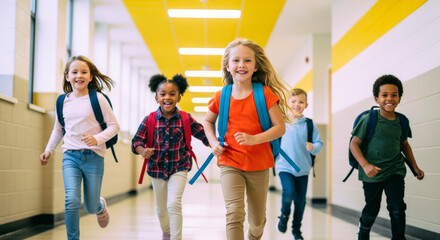 Diverse group of cheerful school children running happily down a bright hallway with backpacks on their backs