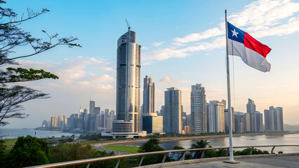 Naklejka premium Panoramic view of modern skyscrapers reflecting sunlight beside a tranquil river, with a flag waving in the foreground, showcasing urban architecture and natural beauty