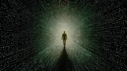 Silhouette of a man walking through a tunnel of digital data