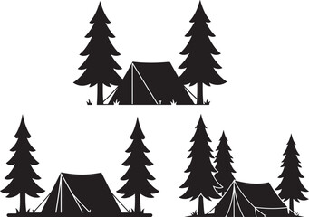 Obraz premium Camping tents among pine trees silhouette