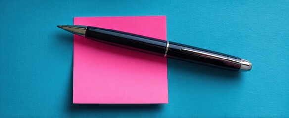 The sleek pen resting on a vibrant pink sticky note on a blue background.