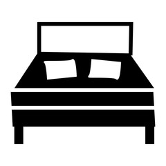 Black and white vector icon of a bed with pillows and headboard. illustration