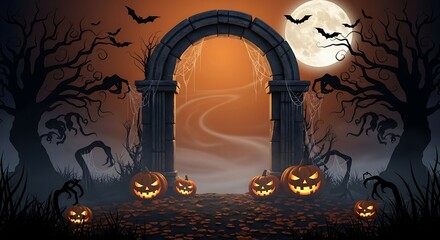 Eerie Halloween night scene features glowing pumpkins near a stone archway and moon.