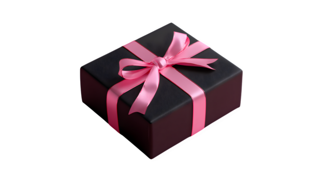 Black gift box with pink ribbon, isolated on transparent background