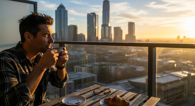 Man enjoying coffee on balcony with city skyline view at sunset