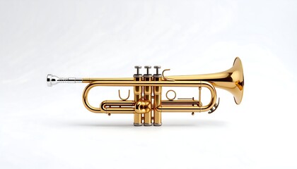 Obraz premium A classic golden brass trumpet musical instrument isolated on a white studio background, perfect for classical and jazz music concepts