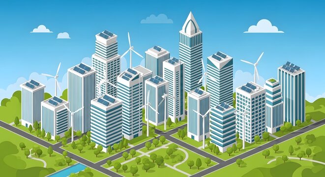 Futuristic smart eco city illustration with modern glass skyscrapers, wind turbines, solar panels and green landscape representing sustainable architecture, renewable energy, and environmentally frien