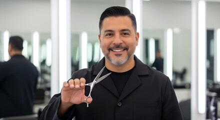 Hispanic male barber in black attire holds scissors, smiling confidently in a modern salon with bright lighting and stylish decor, showcasing professional grooming skills and expertise