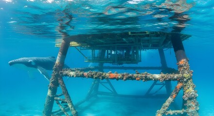 Serene underwater scene with a wild dolphin gracefully swimming by a submerged research platform in the clear turquoise ocean