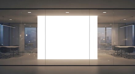 Modern office with a large, illuminated blank screen on a glass wall, perfect for presentations, advertising, or dynamic digital content.
