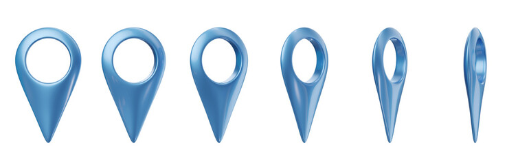 Collection of blue 3D map pointer icons from various angles, isolated on transparent background. Views captured by the camera every 15 degrees. 3d illustration