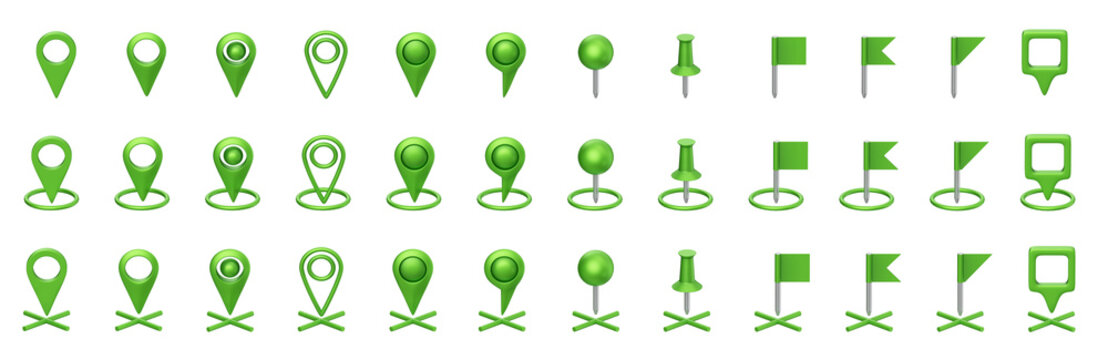 Green 3D icon set of map marker pointers, isolated on a transparent background. Visual elements of map pins. 3D illustration.