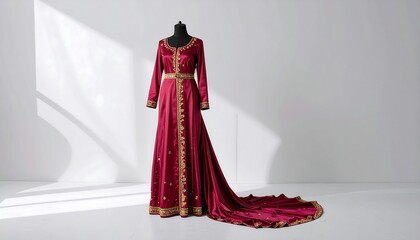 Stunning red velvet traditional gown with elaborate gold embroidery and a long train on a mannequin in a studio setting
