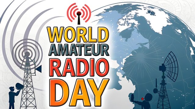 World Amateur Radio Day celebration illustration featuring radio towers, globe, and communication waves, symbolizing global connectivity and amateur radio community engagement - Powered by Adobe