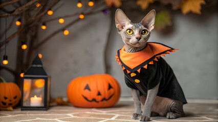 Gray cat dressed in a Halloween costume with orange accents, sitting beside carved pumpkins and lanterns, creating a festive autumn atmosphere with playful charm