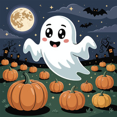 Happy Halloween ghost with many pumpkins under a full moon spooky autumn