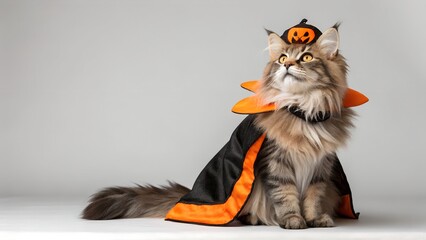 Adorable feline dressed in a Halloween costume with a pumpkin hat and cape, sitting gracefully against a neutral backdrop, showcasing festive pet attire and playful spirit