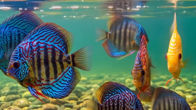 Captivating discus fish swimming gracefully in a freshwater aquarium display, showcasing vibrant