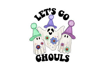 Let’s Go Ghouls – Cute Ghosts with Party Hats Halloween Sublimation Design